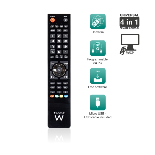 Ewent Control Remoto 4 en 1 Universal - Programable con Cable Micro USB y PC - Color Negro