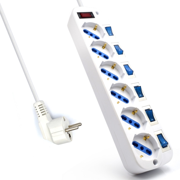 Ewent Regleta de Energia - 6 Enchufes - Version Schuko - 16A con inerruptor de Encendido/Apagado en cada Puerto - Protector contra Sobretensiones - Cable de 3m. - Color Blanco