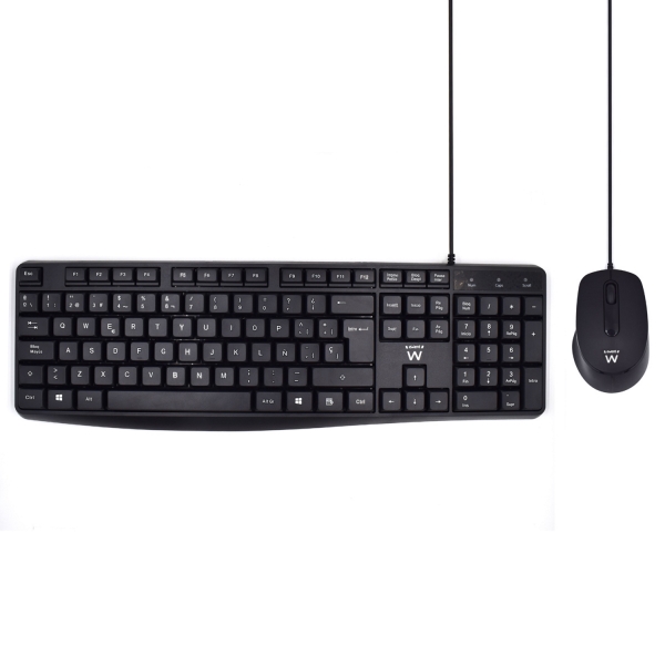 Ewent Paquete con Cable KB+RATON - Teclado de Oficina -Cable USB-A de 1.35m - Raton de oficina - 1000dpi - Cable USB-A de 1.35m - Color Negro