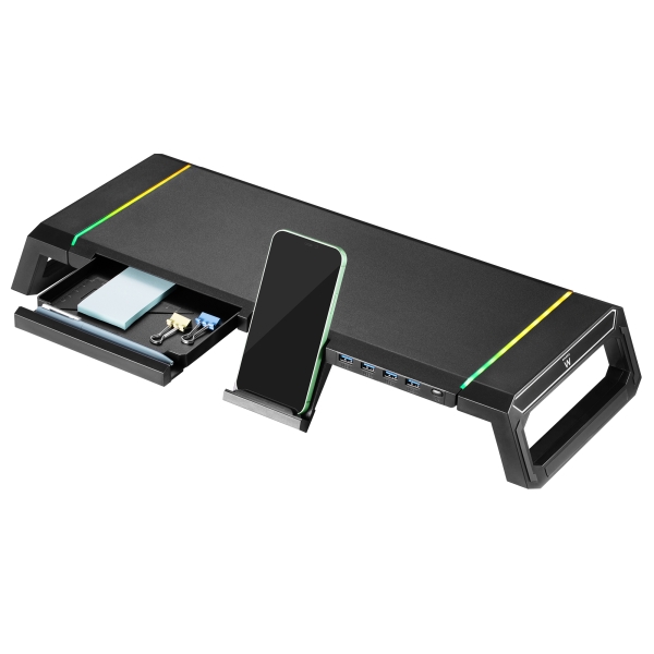 Ewent EW1268 Elevador para Monitor RGB Extensible - Plegable con cajon y soporte para smartphone - HUB USB 3.0 de 4 Puertos - Co