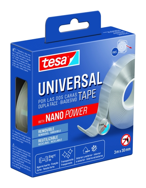 Tesa Cinta Universal de Doble Cara con Nano Power 30mm x 3 Metros - Soporta Cargas Pesadas - Puede Retirarse sin Dejar Residuos