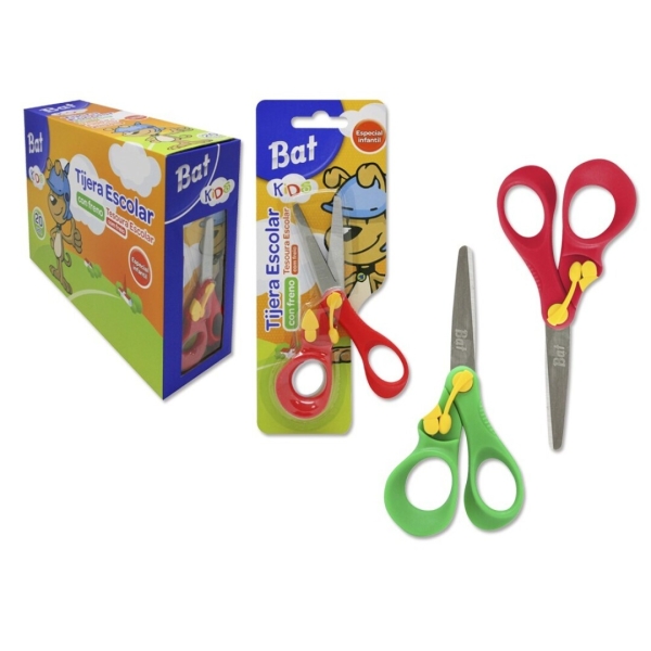 Bismark Bat Tijera Escolar 13cm con Freno Quality - Mangos en Plastico - Punta Roma - 2 Colores Surtidos