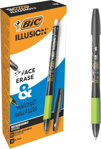 Bic Illusions Boligrafo Borrable - Punta Media de 0.7mm - Grip de Goma - Recargable - Color Negro