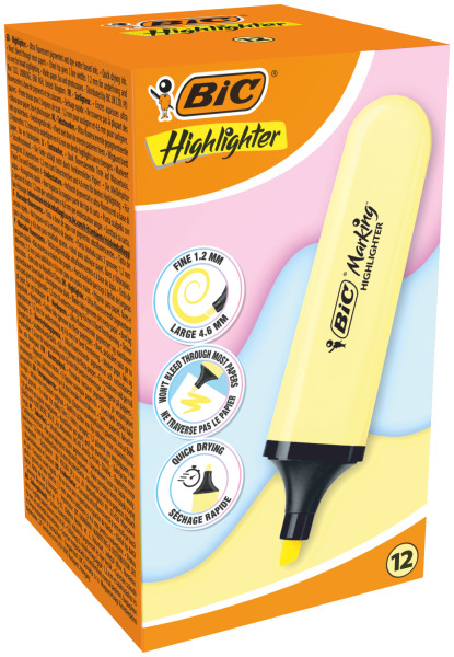 Bic Marking Highlighter Flat Marcador Fluorescente - Punta Biselada - Trazo entre 1.20 y 4.60 mm - Tinta con Base de Agua - Color Amarillo Pastel