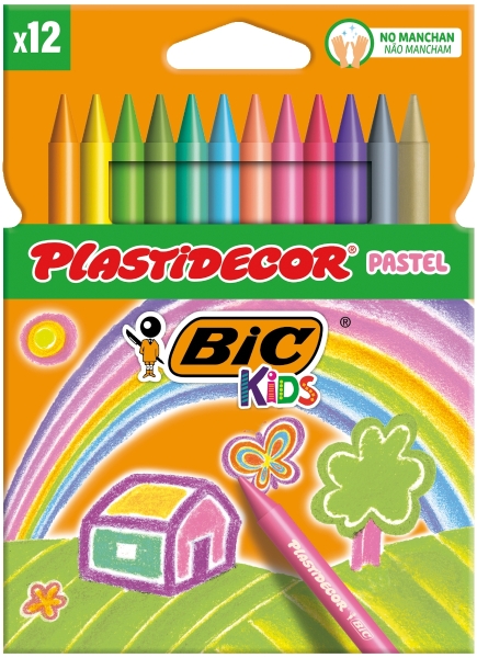 Bic Kids Plastidecor Pastel Caja de 12 Lapices de Cera - Extraresistentes - Facil de Sacar Punta - No Mancha - Colores Pastel Su