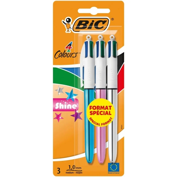 Bic 4 Colours Shine Pack de 3 Boligrafos de Bola Retractil - Punta de 1mm - Trazo de 0.4mm - Tinta con Base de Aceite - Cuerpo O