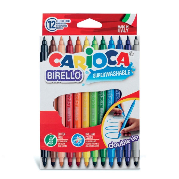 Carioca Birello Pack de 12 Rotuladores - Doble Punta Fina y Media - Tinta Superlavable No Toxica - Lavable de la Piel y Tejidos