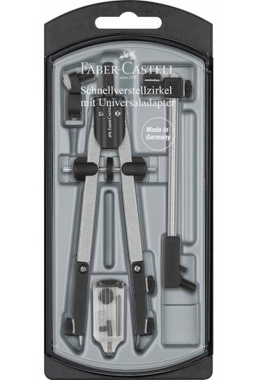 Faber-Castell Compas de Ajuste Rapido con Alargadera - Articulaciones en ambos Brazos - Accesorios de Recambio - Adaptador Unive