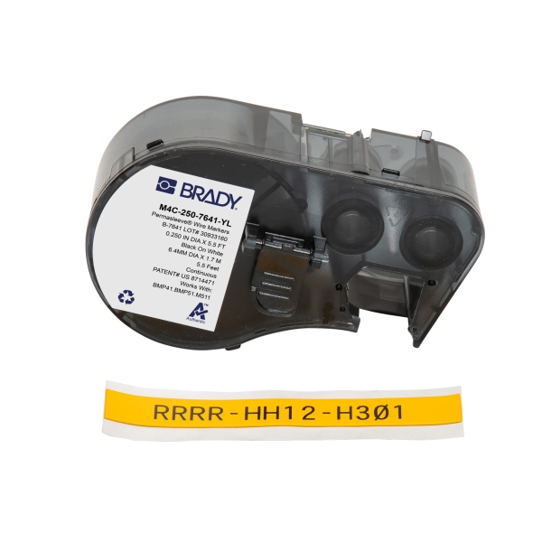 Brady M4C-250-7641-YL Cinta Termorretractil de Etiquetas - Texto Negro sobre Fondo Amarillo - Ancho 11.15mm x Largo 1.68m