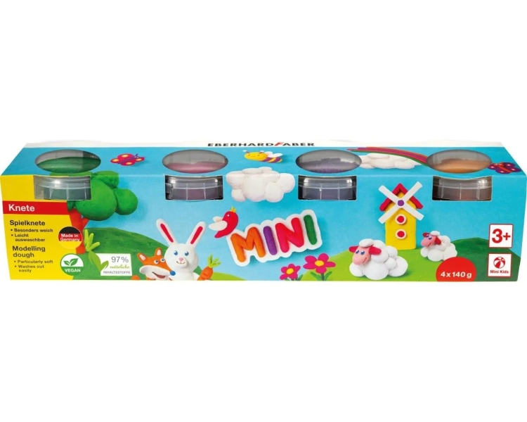 Eberhard Faber Mini Kids Pack con 4 Botes 140gr de Pasta de Modelar - 97% Ingredientes Naturales - Colores Naranja, Morado, Rosa y Verde