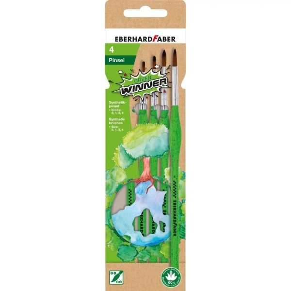 Eberhard Faber Green Winner Pack con 4 Pinceles de Pelo Sintetico Tamaños 0, 1, 2, 4 - Agarre Ergonomico - Fabricados con un 60%