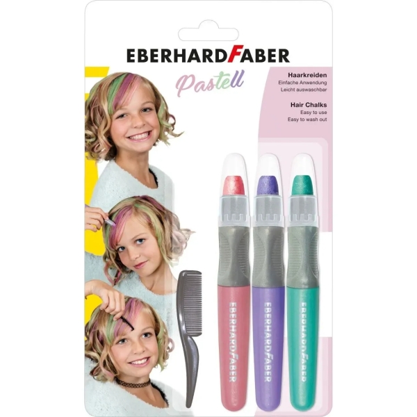 Eberhard Faber Pack de 3 Tizas Pastel para el Cabello + 1 Mini Peine - Aplicar sobre el Cabello Seco - Utilice el Peine para Dispensar el Color - Facil de Lavar - Colores Rosa, Violeta, Turquesa Pastel