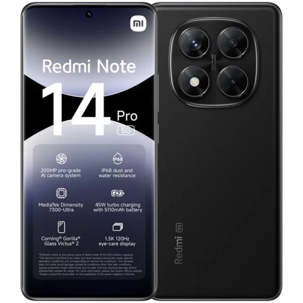Xiaomi Redmi Note 14 Pro 5G Smartphone Pantalla AMOLED 6.67" - 8GB - 256GB - Camara Principal 200MP - Bateria 5110mAh - HyperCha