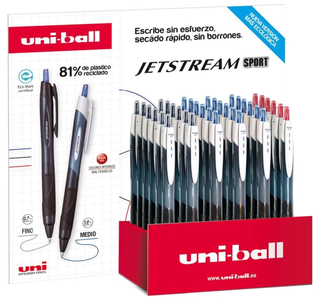 Uni-ball JetStream Sport SXN-150E Expositor con 36 Boligrafos de Tinta Pigmentada - Punta de Bola 1mm - Retractil - Secado Insta