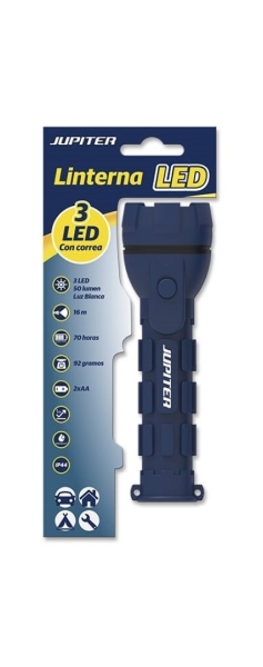 Jupiter Linterna de Luz Blanca 3 LED 50lm - Cuerpo de Goma - Resistencia IP44 - Funciona con 2 Pilas AA (No Incluidas) - Color Azul