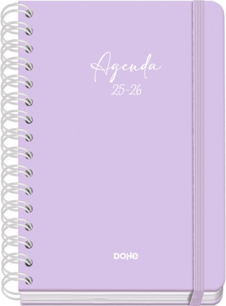 Dohe Serenity Agenda Escolar 25/26 Espiral Wire?o A5 - Semana Vista - Papel 80g/m2 - 4 Hojas de Pegatinas - Cubierta de Carton Plastificado - Cierre con Goma Elastica - Color Morado