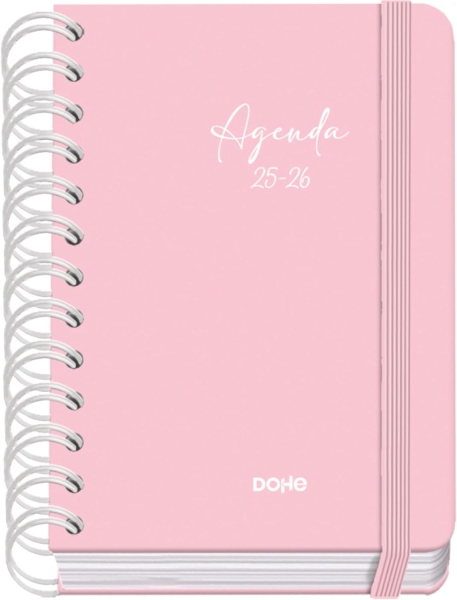 Dohe Serenity Agenda Escolar 25/26 Espiral Wire’o A6 - Dia Pagina - Papel 80g/m2 - 4 Hojas de Pegatinas - Cubierta de Carton Plastificado - Cierre con Goma Elastica - Color Rosa