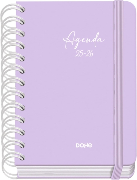 Dohe Serenity Agenda Escolar 25/26 Espiral Wire?o A6 - Dia Pagina - Papel 80g/m2 - 4 Hojas de Pegatinas - Cubierta de Carton Plastificado - Cierre con Goma Elastica - Color Morado