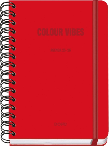 Dohe Colour Vibes Agenda Escolar 25/26 Espiral Wire’o A5 - Semana Vista - Papel 80g/m2 - 4 Hojas de Pegatinas - Cubierta de Carton Plastificado - Cierre con Goma Elastica - Color Rojo