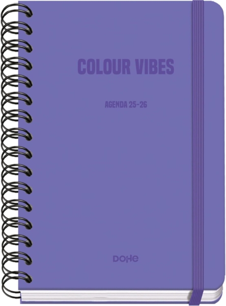 Dohe Colour Vibes Agenda Escolar 25/26 Espiral Wire?o A5 - Semana Vista - Papel 80g/m2 - 4 Hojas de Pegatinas - Cubierta de Carton Plastificado - Cierre con Goma Elastica - Color Morado