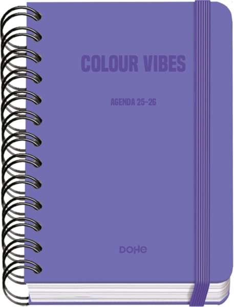 Dohe Colour Vibes Agenda Escolar 25/26 Espiral Wire?o A6 - Dia Pagina - Papel 80g/m2 - 4 Hojas de Pegatinas - Cubierta de Carton Plastificado - Cierre con Goma Elastica - Color Morado