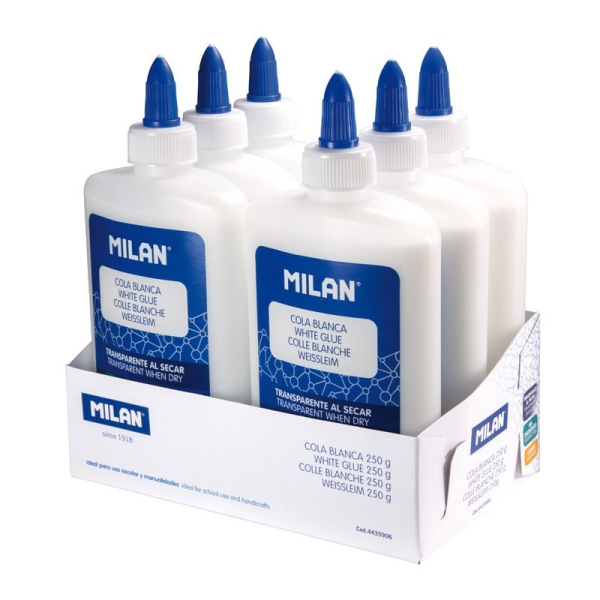 Milan Expositor con 6 Botes de Cola Blanca 250gr - Lavable y sin Disolventes - Ideal para Uso Escolar y Manualidades - Transparente al Secarse