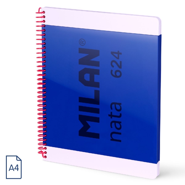 Milan Nata 624 Cuaderno Espiral Formato A4 Pautado 7mm - 80 Hojas de 95 gr/m2 - Microperforado, 4 Taladros - Color Azul