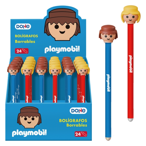 Dohe Playmobil Expositor de 24 Boligrafos Borrables - Punta Bola Metalica 1mm - Trazo 0.5mm - Capuchon Decorado con Muñecos Playmobil - Tinta Azul