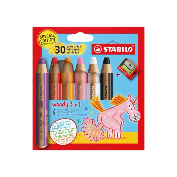 Stabilo Woody 3 en 1 30º Aniversario Unicornio Pack de 6 Lapices de Colores + Sacapuntas - Lapiz de Color, Cera y Acuarela, Todo