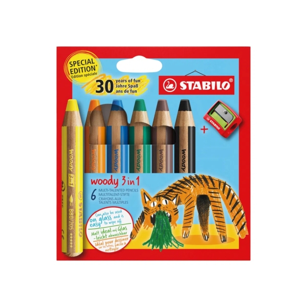 Stabilo Woody 3 en 1 30º Aniversario Tigre Pack de 6 Lapices de Colores + Sacapuntas - Lapiz de Color, Cera y Acuarela, Todo en