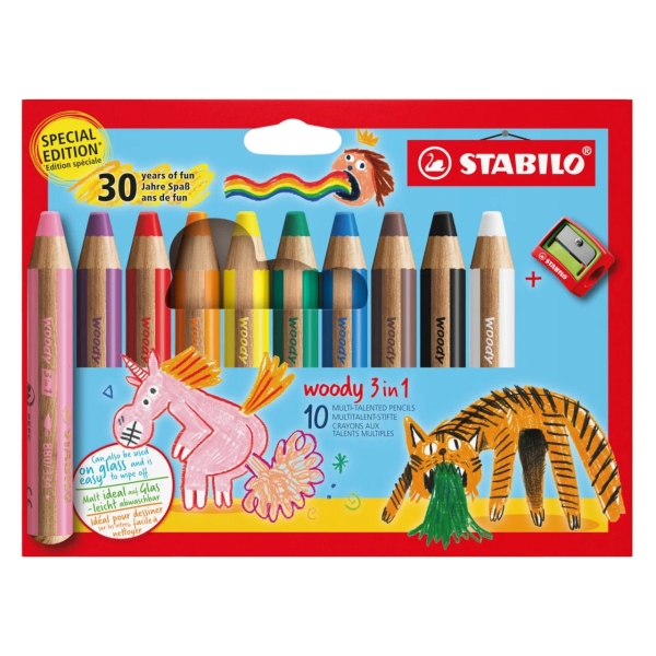 Stabilo Woody 3 en 1 30º Aniversario Unicornio y Tigre Pack de 10 Lapices de Colores + Sacapuntas - Lapiz de Color, Cera y Acuar