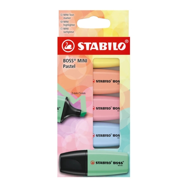 Stabilo Boss Mini Pastel Pack de 5 Marcadores Fluorescentes - Trazo entre 2 y 5mm - Tinta con Base de Agua - Antisecado - Colore