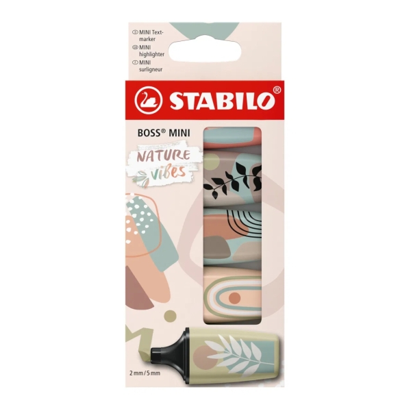 Stabilo Boss Mini Naturevibes Pack de 5 Marcadores Fluorescentes - Trazo entre 2 y 5mm - Tinta con Base de Agua - Antisecado - C