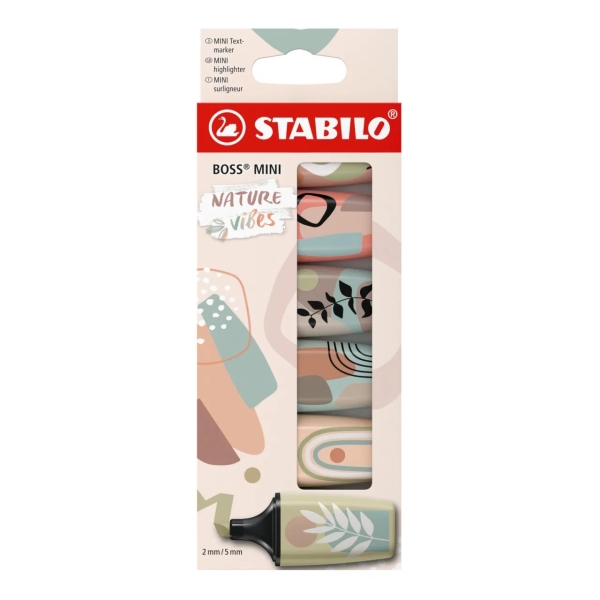 Stabilo Boss Mini Naturevibes Pack de 6 Marcadores Fluorescentes - Trazo entre 2 y 5mm - Tinta con Base de Agua - Antisecado - C