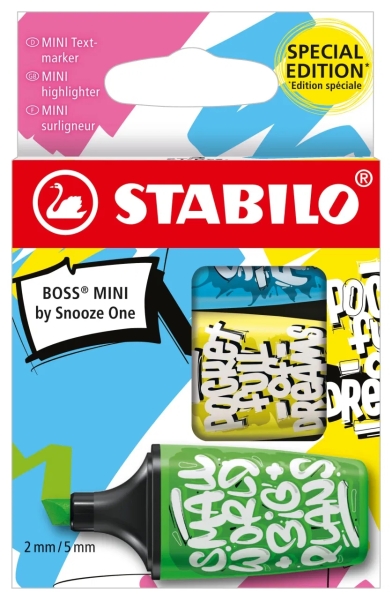 Stabilo Boss Mini by Snooze One Pack de 3 Mini Marcadores Fluorescentes - Trazo entre 2 y 5mm - Tinta con Base de Agua - Antisec