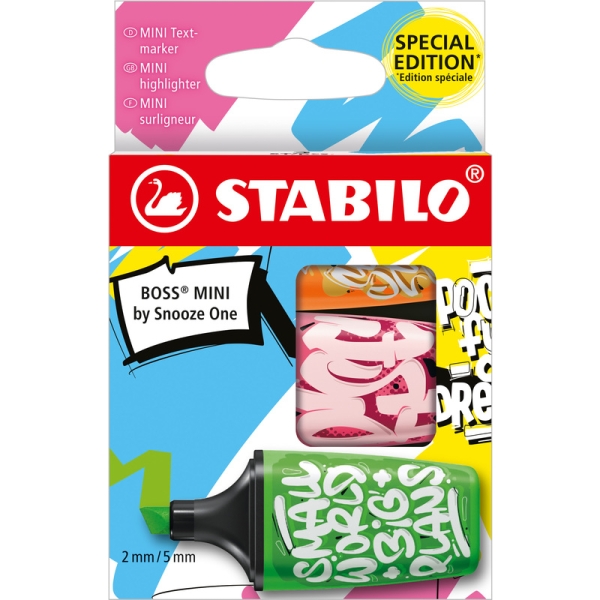 Stabilo Boss Mini by Snooze One Pack de 3 Mini Marcadores Fluorescentes - Trazo entre 2 y 5mm - Tinta con Base de Agua - Antisec