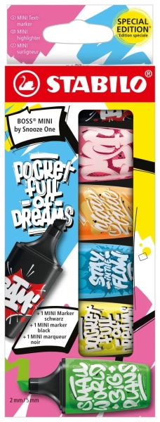 Stabilo Boss Mini by Snooze One Pack de 6 Mini Marcadores Fluorescentes - Trazo entre 2 y 5mm - Tinta con Base de Agua - Antisec
