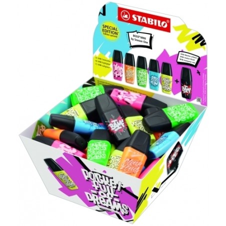 Stabilo Boss Mini by Snooze One Expositor con 50 Mini Marcadores Fluorescentes - Trazo entre 2 y 5mm - Tinta con Base de Agua -