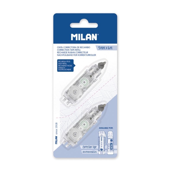 Milan Pack de 2 Recambios para Cinta Correctora 5mm x 6m - Compatible con Correctores Cilindrico y Extension