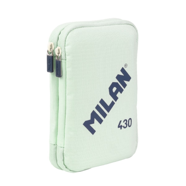 Milan Coleccion 430 Plumier de 2 Pisos con 2 Gomas de Borrar, Sacapuntas, Lapiz, Boligrafo P1 Touch Azul, Regla, 12 Lapices de C