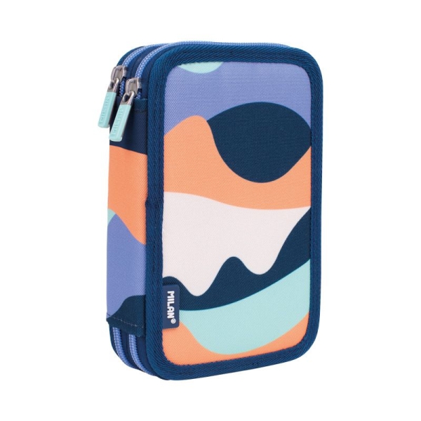 Milan The Fun Plumier de 2 Pisos con 2 Gomas de Borrar, Sacapuntas, Lapiz, Boligrafo Capsule, Regla, 12 Lapices de Colores y 18