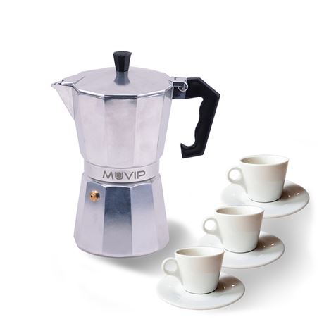 Muvip MV0600 Cafetera de Aluminio - Capacidad 3 Tazas - Mango Ergonomico - Antiadherente - Apta para Placas Electricas, Vitrocer