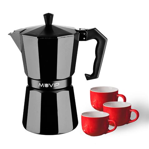Muvip MV0606 Cafetera de Aluminio - Capacidad 3 Tazas - Mango Ergonomico - Antiadherente - Apta para Placas Electricas, Vitrocer
