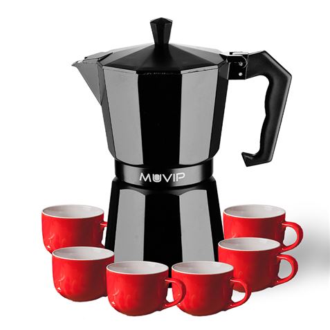 Muvip MV0607 Cafetera de Aluminio - Capacidad 6 Tazas - Mango Ergonomico - Antiadherente - Apta para Placas Electricas, Vitrocer