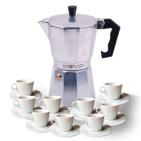 Muvip MV0602 Cafetera de Aluminio - Capacidad 9 Tazas - Mango Ergonomico - Antiadherente - Apta para Placas Electricas, Vitrocer