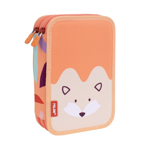 Milan Fun Animals Plumier de 2 Pisos con 2 Gomas de Borrar, Sacapuntas, Lapiz, Boligrafo Capsule, Regla, 12 Lapices de Colores y