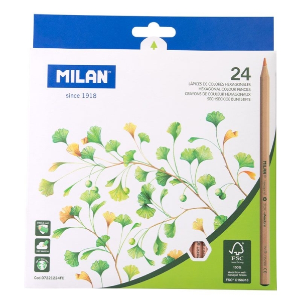 Milan Pack de 24 Lapices Hexagonales de Colores - Mina 2.9mm - Resistente a la Rotura - Madera Certificada FSC - Colores Surtidos