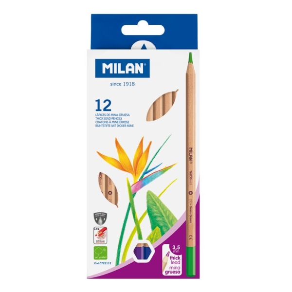 Milan Pack de 12 Lapices Hexagonales de Colores - Mina Gruesa 3.5mm - Resistente a la Rotura - Madera Certificada FSC - Colores Surtidos