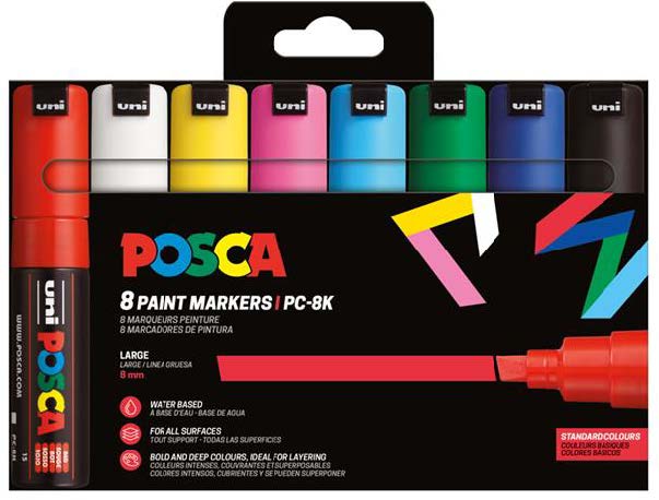 Posca PC-8K/8C Estuche de 8 Marcadores de Pintura - Punta Biselada Acrilica 8mm - Tinta Base al Agua - Resistente a la Luz - Col