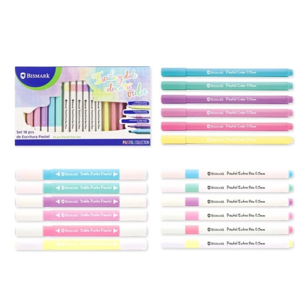 Bismark Pastel Pack Escolar de Escritura con 6 Marcadores Doble Punta Biselada 4mm y Fina 1mm, 6 Rotuladores Punta Fina 0.5mm y 6 Boligrafos Punta Colores Pastel 0.5mm